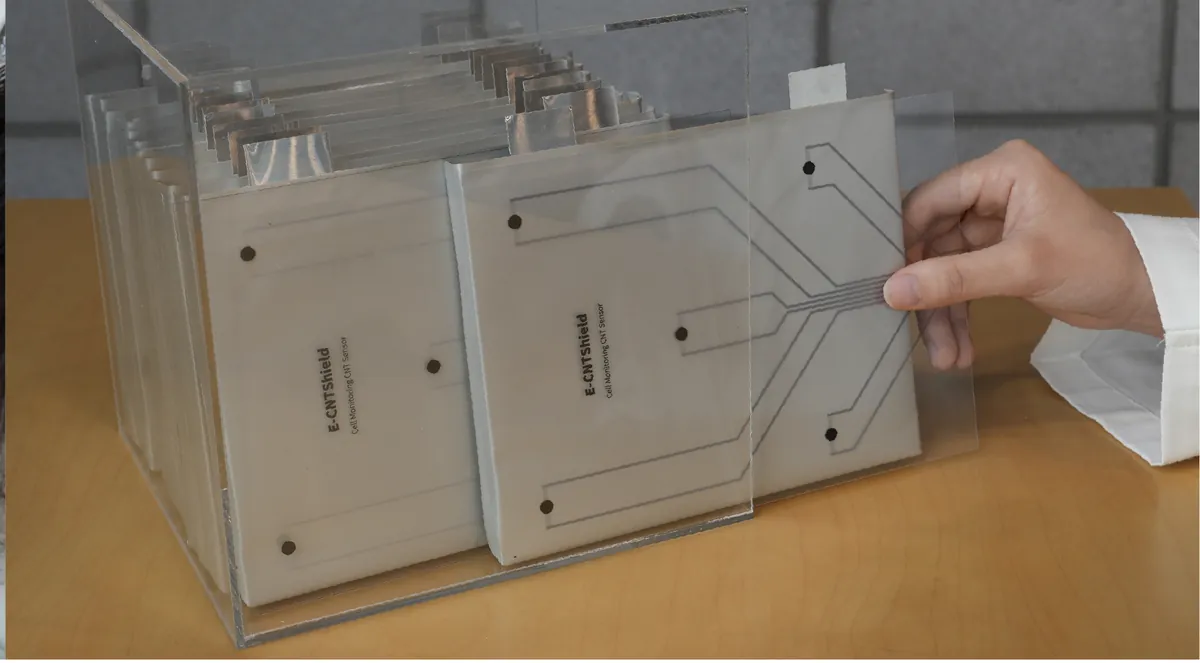 E-CNTShield sheets placed between cells in a battery module